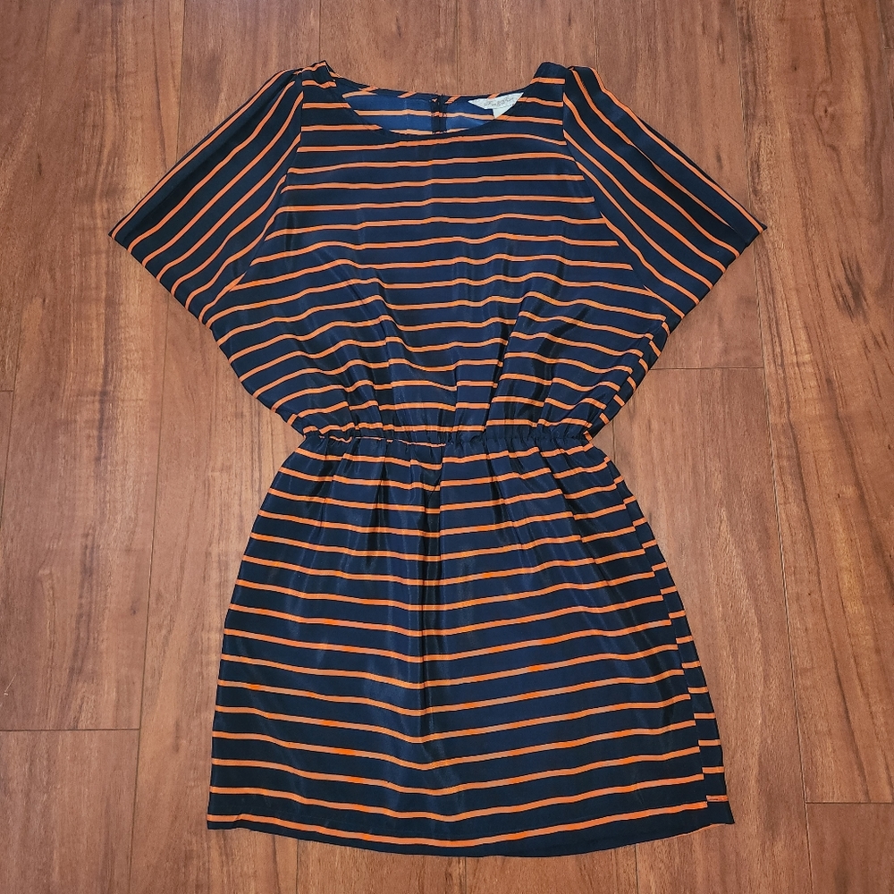 NAVY BLUE AND ORANGE STRIPED DRESS